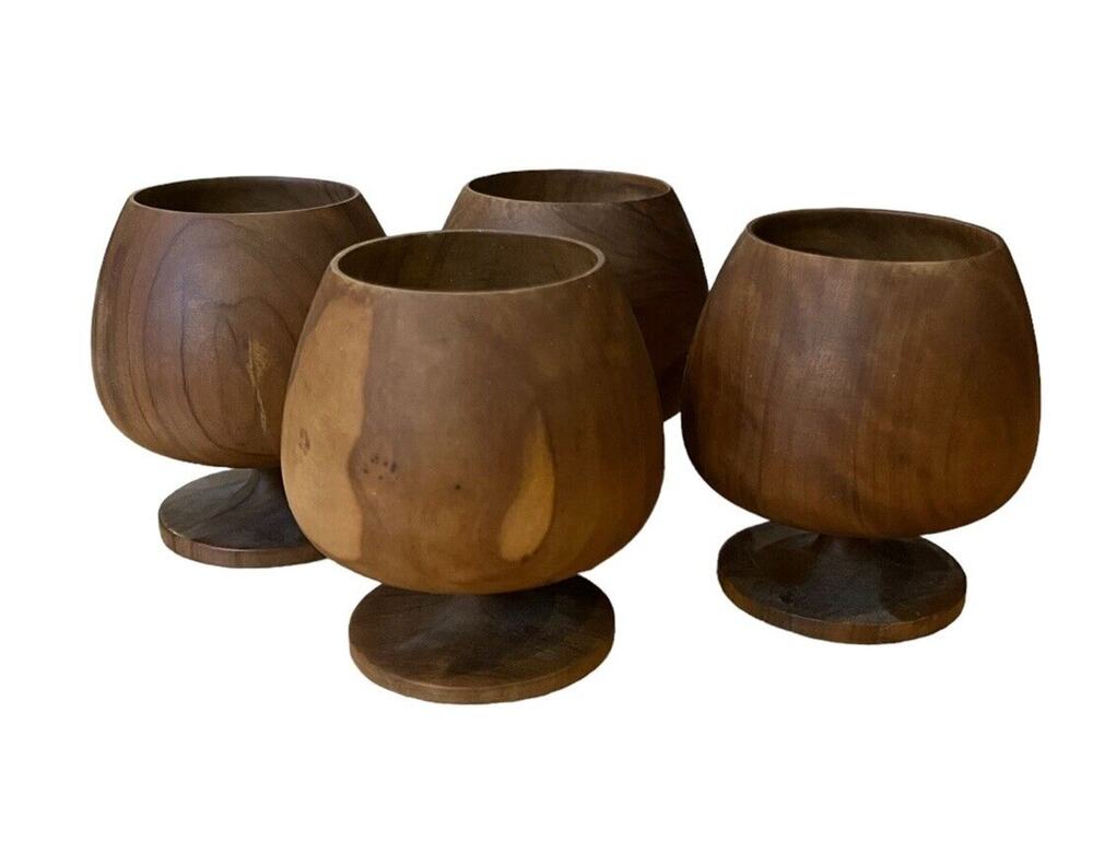 VINTAGE Wood Hand Carved Mini Goblet Chalice Made In Spain X4 MCM Bourbon